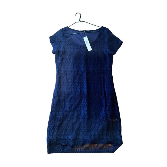 Tiana B Mini Sheath Dress Women Size L Blue Lace Short Sleeve Round Neck Nylon - Picture 3 of 5